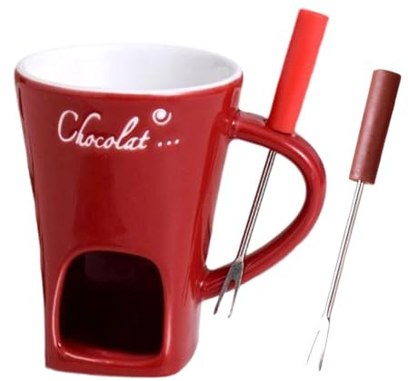 FytStycale Fondue Chocolat Bougie, Mug à Fondue au Chocolat en Céramique, Pot de Fonte 130ML pour Réchauffer Chocolats, Beurre et Fromage, Idéal Maison et Fêtes, Rouge avec 2 Fourchettes