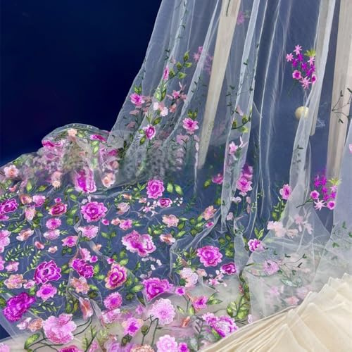 Vayliro 3 Yards Tüllstoff Breit 130 cm Rosen Bestickter Tüllstoff Stickerei Stoff mit Blumenmuster Gestickte Blumenstoff Netzstoff Dekostoff Kleiderstoff Abendkleidstoff für DIY Handwerk,Rosarot