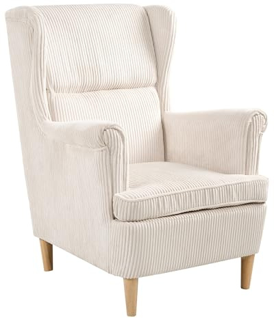 Beliani Fauteuil à Dossier Classique en Velours Côtelé Rembourré Pieds en Bois Beige Clair Abson