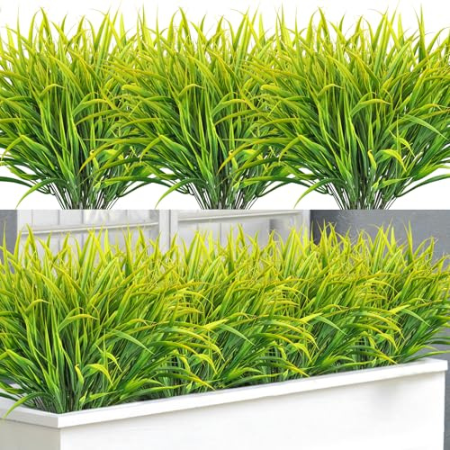 BlueCloudy 16 paquetes de plantas artificiales para exteriores, tallos de césped artificial falso, arbustos, arbustos resistentes a los rayos UV, plantas grandes de plástico sintético para primavera