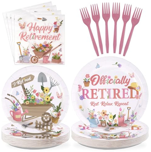 96 Pcs Garden Retirement Party Decoration Pink Floral Retirement Plates and Napkins Disposable Spring Gardening Flower Butterfly Tableware Set for Women Retired Farewell Party Supplies, Serves 24
