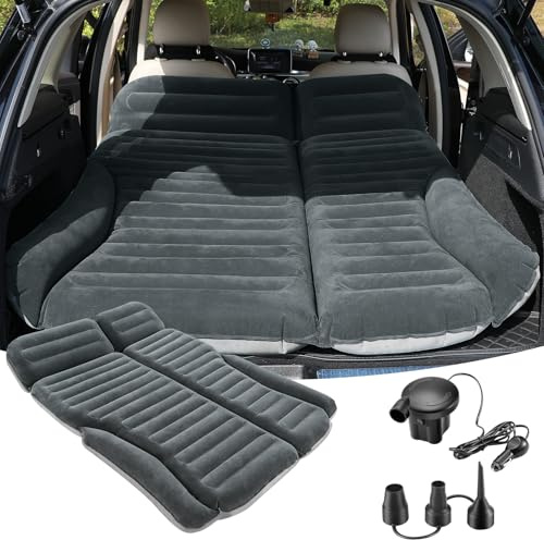 KMZ SUV Luftmatratze Doppelseitige Dickere Beflockung Auto-Bett – Bewegliche Aufblasbare Matratze für Camping & Reisen mit 2 Kissen & Elektrische Luftpumpe (Grün und Anthrazit)