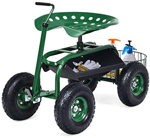 FANTASK Gartenwagen 360° drehbar, Gartensitz mit ausziehbarem Griff & Korb, höhenverstellbar, Rollsitz mit Rollen bis 150kg, Gartenrollsitz für Gartenarbeit, Grün (96,5 x 47,5 x 47-55 cm)