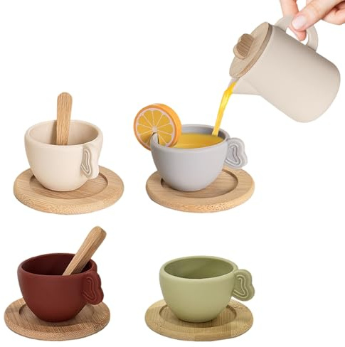 Service à thé Enfant en Silicone et Bois, Set 13 pièces avec théière, Tasses, cuillères et Plateau, Accessoires de Cuisine pour Jeu d’Imitation et Tea Party, Cadeau pour Filles et garçons dès 3 Ans