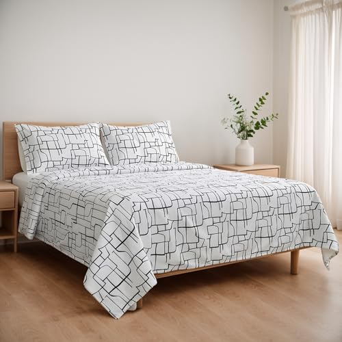 Etrexonline Juego de Sábanas 4 Piezas para Cama de 135 cm - Microfibra Suave y Transpirable, Incluye 1 Bajera Ajustable, 1 Encimera y 2 Funda de Almohada - Color Geométrico de Líneas