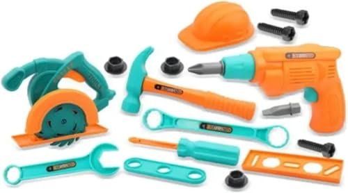 FAMBIZ Construction Tool Set, Hand Eye Coordination, Problem Solving and Motor Skills, Portable Mini Builder Toolkit, Toy Drill, Circular Saw, Hammer, Wrench, Screwdriver, Nuts, Bolts