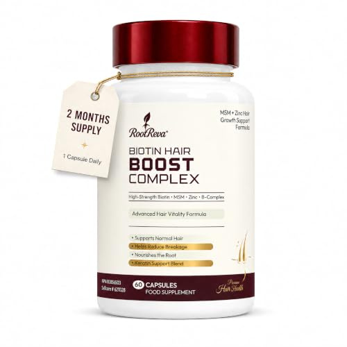 RootReva Biotin Hair Boost Complex, High Strength Biotin, MSM, Zinc & B-Complex, Supports Healthy Hair Vitamins for Men & Women - 60 Vegan Capsules