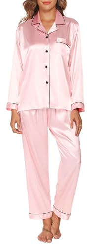 Gaeshow Pyjamasset för kvinnor, silke, satin, pyjamasset, långärmade, sovkläder, myskläder för alla årstider, Rosa, L