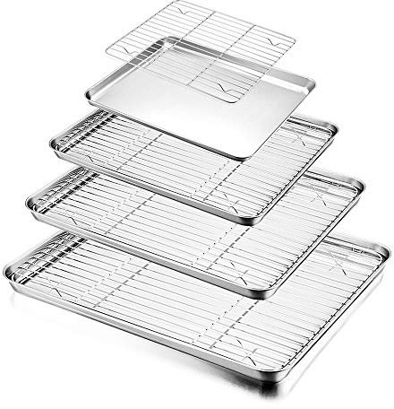 HaWare Baking Tray with Rack Set (4 Sheets + 4 Racks), 100% Stainless Steel Rimmed Cookie Sheet Pans, Toaster Oven Tray with Cooling Rack, Non Toxic & Healthy, Rust Free & Dishwasher Safe - 8 Pieces