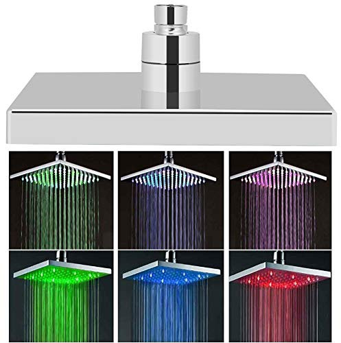 Piazza Doccia Testa, Soffione Doccia a Pioggia Soffione Doccia Quadrato in Acciaio al Carbonio con Giunto Rotante e 7 Colori Luce LED, 20 x 20 x 2 cm