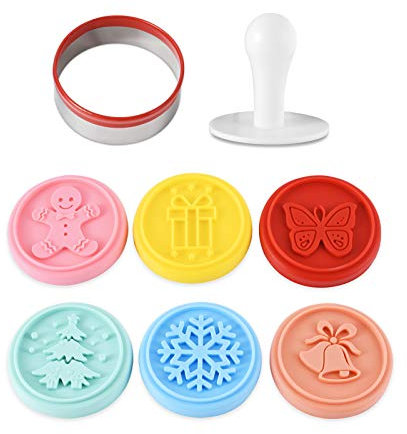 Cookie Stamp-a Set of 6 Colorful Silicone Cookie Stamp Press, Ring Cutter and Handle for Christmas and Daily Baking