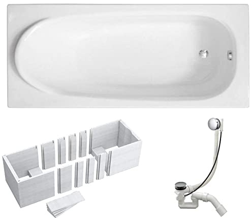 VBChome Badewanne 190x80 cm Acryl SET 3in1 Wannenträger Siphon Wanne Rechteck Weiß Design Modern Styroporträger Ablaufgarnitur in Chrom Viega Simplex