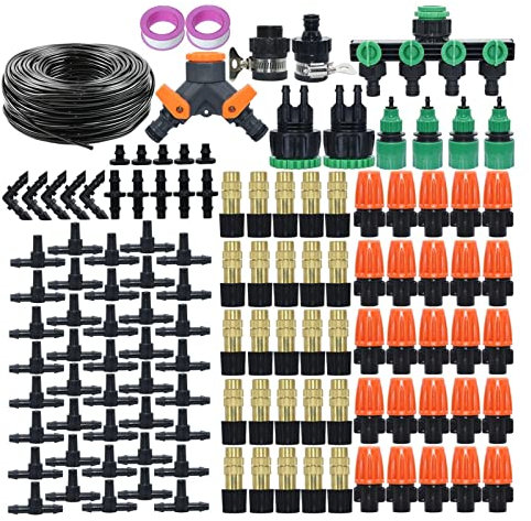 SYKIA Tropfbewässerungs-Set 5-50 m Gewächshaus Garten Mikronebel Bewässerungssystem Automatisches Sprühbewässerungsset 1/4 Zoll Schlauch Einstellbare Nebeldüse (Farbe: KSL01-KIT324A-50M)