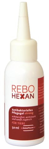 ReboHexan Gel Strong 50 ml: Hochviskoses Pflegegel für Tierwunden, unterstützt die Hautregeneration, Reduziert Narben, Verhindert Ankleben an Verbänden, Ideal für Hautpflege