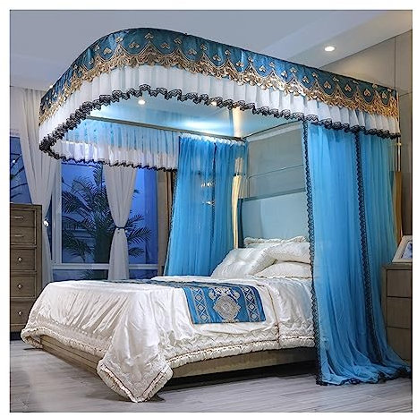 Betthimmel Betthimmel-Moskitonetz im europäischen Stil, Schlafzimmerdekoration, Bettvorhang for einzelne Doppelbetten, mit Metallhalterung (Color : Blue-2, Size : 180X220CM)