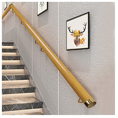 RAUGAJ Non-Slip Stair Handrails with Gold End Caps & Brackets, Elderly/Disables Auxiliary Safety Grab Bars Against The Wall, PVC Wood Grain Design, 0.5-6 M Long/Gold/Length-100Cm/3.3Ft