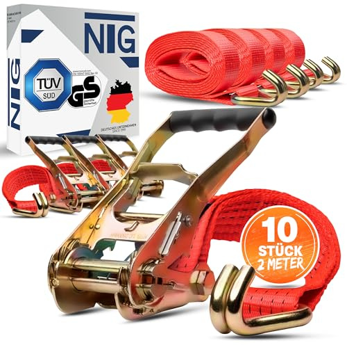 NTG Spanngurte Zurrgurte 2 m 5t Zweiteilig 50 mm - mit Ratsche Haken 10 STK | Ratschengurte TÜV/GS geprüft - praktisches 10er Set - für LKW Anhänger und Transporter stabil wetterfest