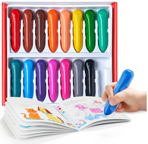 JoyCat Pastelli Jumbo in 16 colori per bambini dai 1 ai 3 anni, lavabili, triangolari, grandi, per bambini dai 4 agli 8 anni, facili da impugnare, infrangibili, atossici, materiali artistici con libro