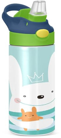KAAVIYO White Queen Bunny Rabbit Water Bottle Stainless Steel Insulated Vacuum Flask Leak Proof with Straw Brush Cup 350ML for Boys Girls Kids