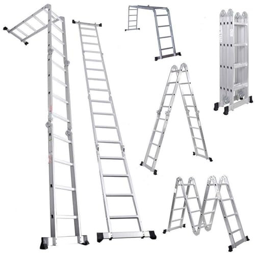4.7 m Aluminium Folding Ladder, Multi-Purpose Ladder with Platform, Sliding Ladder, Rung Ladder, Step Ladder, Easy to Use, 150 kg Load Capacity