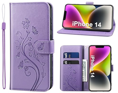 KRAFTCARE Lederhülle kompatibel mit iPhone 14 Hülle, Flip Wallet Handyhülle mit Kartenfach Ständer Premium PU Leder Klapphülle Schutzhülle für iPhone 14, Lila | Premium PU Leder mit Prägung, Kartenfach, Ständer, Magnetic Closure, RFID Blockierung, Flip Wallet Handyhülle, Lila