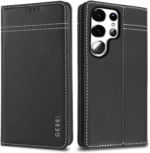 Gebei Hülle Echt Leder für Samsung Galaxy S24 Ultra 5G - Premium Lederhülle mit Standfunktion Kartenfach Flip Case Ledertasche Handyhülle Schutzhülle Klapphülle – Schwarz