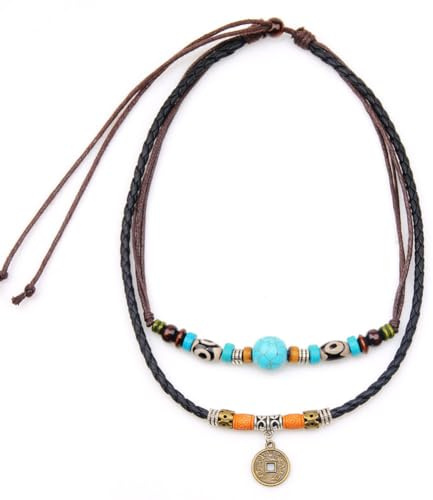 Collar turquesa Carufin con colgante de moneda vintage, en capas, cordón de cuero ajustable, joyería para mujeres y hombres, talla única, Metal