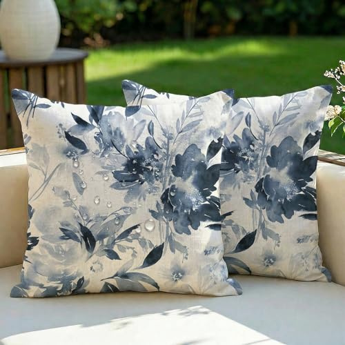 Vorysum Outdoor Kissen Wetterfest Kissenbezüge 50x50 cm Frühling Kissenbezug Abstrakt Retro Dekokissen Böhmen Sofakissen Blau Blumen Kissenhülle aus Polyster für Garten Sofa Bett 2 er Set