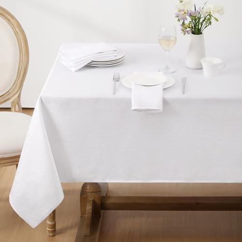 Softalker Tovaglia Antimacchia Rettangolare 240 x 140 cm Bianca con Motivo a Righe Jacquard Tovaglie 8-10 Posti per Protezione Tavolo Elegante Decorare da Esterno,Compleanni e Feste,Cucina,1 pezzo