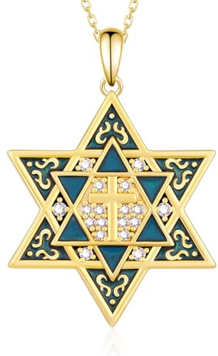 Fuguangju Star of David Necklace for Women 925 Sterling Silver Gold Cross Jewish Star Pendant Necklace Jewish Jewelry Gifts for Women Men