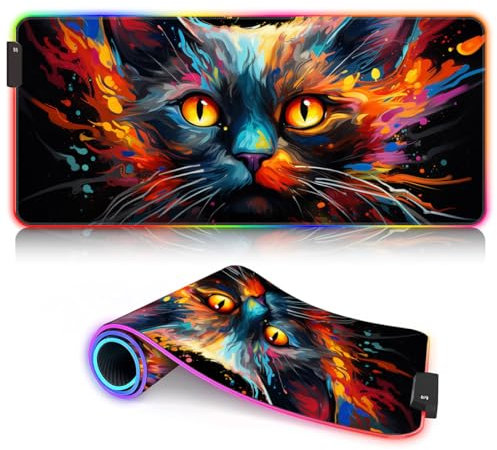 Tastatur-Mauspad, Katze, ROG-Gaming-Mauspad, XXL, LED, erweitertes großes Mauspad, Schreibtischunterlage (90 x 40 x 0,3) cm, rutschfeste Gummiunterseite, Mauspad für Gamer, Büro