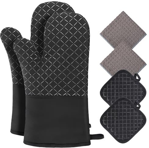 Philorn Oven Gloves Waterproof Heat Resistant 260℃ Silicone Glove Extra Long Oven Mitts and Potholders with Non-Slip Silicone Surface for Baking, Cooking, BBQ (Cross Black)