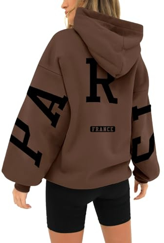 HUIFUAO London huvtröjor för kvinnor UK överdimensionerade tröjor för kvinnor bokstavstryck pullover huvtröja kvinnor med ficka och dragsko, Z03 Kaffe, 3XL