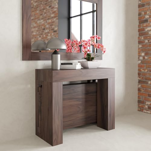VE.CA - Tavolo Allungabile Kilika, Made in Italy - Console Allungabile con Porta Prolunghe fino a 3 Metri, 14 Posti - Arredo Moderno da Sala da Pranzo, Salvaspazio 90x40x77 (Noce, 14 Posti)