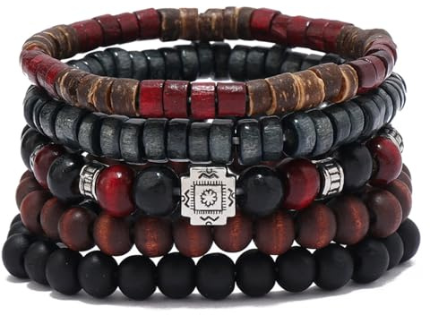 RUICHING Boho Beaded Bracelets, Wooden Bead Bracelet, 5PCS Black Red Multi-layer Bracelet Hippy Accessories Gifts for Men Women