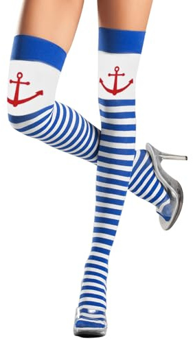 YUSHWENPTY Chaussettes Cuissardes Femme 1 Paire Chaussettes Rayées Haute Carnaval Thigh High Socks Bas De Rayés Bleues Blancs Pour Cosplay, Mascarade