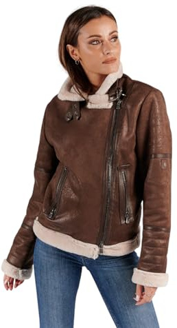 BARONE Damen-Schaffell-Jacke, Damen-Lederjacke Shearling, Lammfell und Alcantara MADE IN ITALY, braun, XS