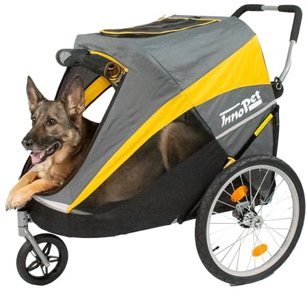InnoPet Hercules 2.0 Large Dog Stroller Trailer Yellow/Grey - Heavy-Duty Buggy for Dogs Up to 50kg, Incl. Rain Cover, Pneumatic Tires, 3 Wheels, Optional Bike Tow Bar Upgrade