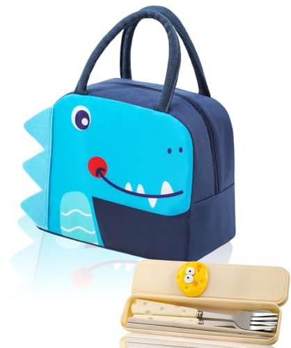 AYSYR Lunchtasche Kinder, Wasserdichte Kühltasche Klein, Thermo Kleine Kühltasche für Unterwegs, Little Lunch Bag for Kids mit Besteck für Schule Cartoon-dinosaurier