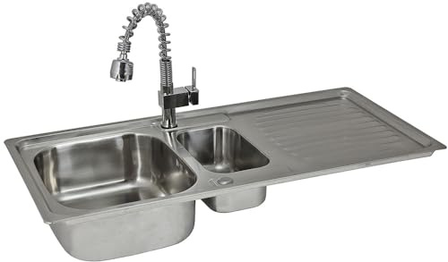 Fregadero de Cocina 1 Seno+Escurridor Sobre Encimera en Acero Inoxidable 105x50cm con Grifo Padstow+Kit para Drenaje y Fontanería GRATIS Lavaplatos Pila Cocina 1 Seno+ Escurridor para Lavar Platos