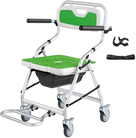 Toilettenstuhl Bis 150 kg Belastbar, Toilettenstuhl für Senioren mit Rollen Toilettenstuhl Faltbar Toilettenrollstuhl Clean Dusch und Toilettenrollstuhl Duschhocker A + B