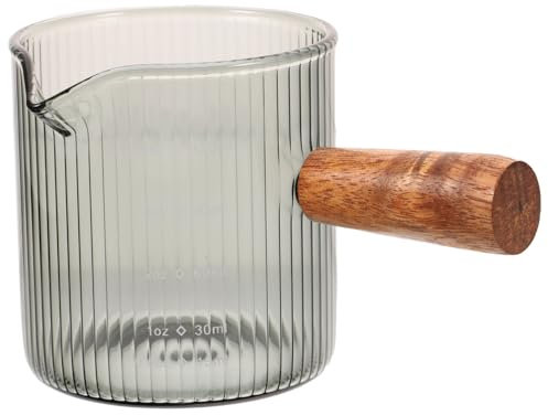 FONDOTIN Jarra Pequeña Para Crema De Cristal Asa De Madera, Resistente Al Calor, Taza Espumadora Para Café Espresso y Leche, Adecuada Para Profesionales y Uso Doméstico, 120 Ml