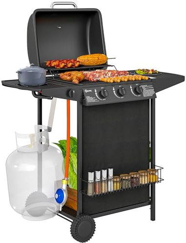 Outsunny Barbecue a Gas in Acciaio, BBQ a Gas a 4 Bruciatori da 9.5kW con Coperchio, Termometro, Ruote, Tavolino Laterale, Scaffale, Portaspezie e Vaschetta Raccogli Grasso, Regolatore, Nero
