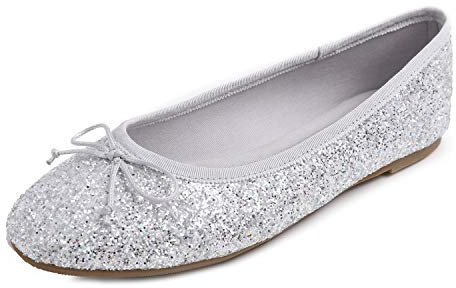 Feversole Round Glitter Ballerina, Damen Klassische Ballerinas Profilsohle Glänzende Ballerina Flach Glänzende Eissilber 42