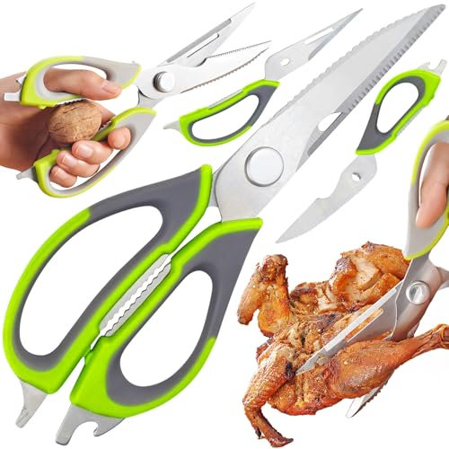 Retoo Tijeras de cocina de acero inoxidable de 23 cm, tijeras afiladas para el hogar con abrebotellas, tijeras multiusos, tijeras universales para carne, pescado, nogal, tijeras resistentes para