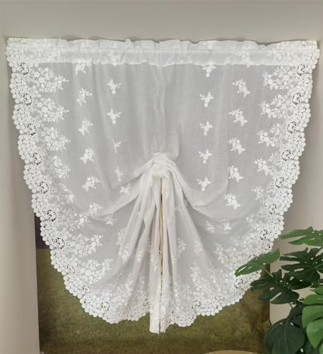 Vordesack Baumwolle Raffrollo mit Loch-und 3D Blumenstickeirei Landhausstil Gardine mit Stangendurchzug Spitze Raffgardine Wohnzimmer 1 Stück Weiß HxB 100x130cm