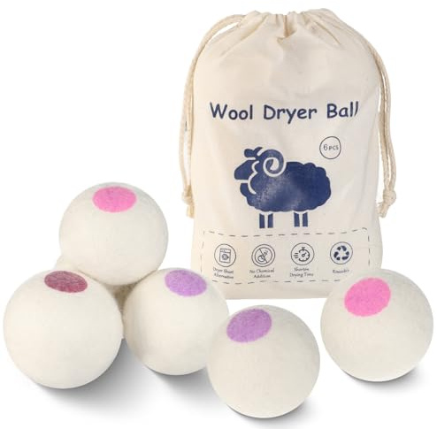Wool Dryer Balls 6PCS Pure Organic Laundry Wool Tumble Dryer Ball Reusable Natural Fabric Softener Reduce Wrinkles and Drying Time