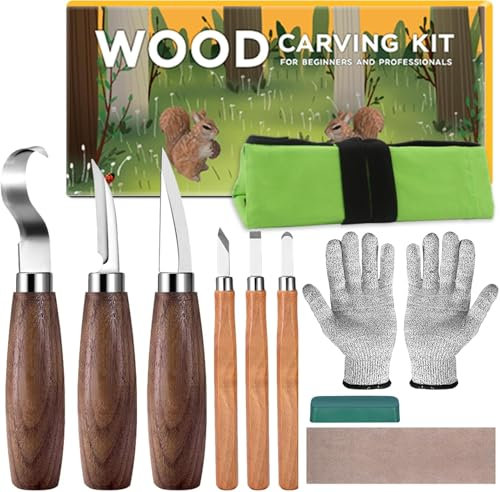 Seruno X Outil de sculpture sur bois 10 en 1, kit de sculpture sur bois comprenant 6 couteaux de sculpture pour adultes, enfants, débutants, gant de coupe, accessoires de polissage et sac à vin