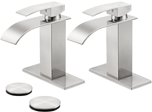 LUFG Bathroom Faucets Brushed Nickel Waterfall Bathroom Sink Faucet Modern Single Handle Bathroom Faucet for 1 or 3 Hole Mxier Tap Washbasin Faucet with Deck, Pop-up Drain and Supply Hoses 2 Pack