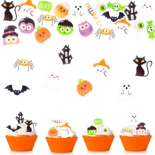 ENLACE 60 Stück Essbare Tortendeko Halloween Deko Kuchen, Cupcake Topper Halloween Deko Torte Essbar,BOO Geist Tortendeko Essbar, Esspapier Fledermaus Muffin Dekoration für Halloweenparty Horrorparty